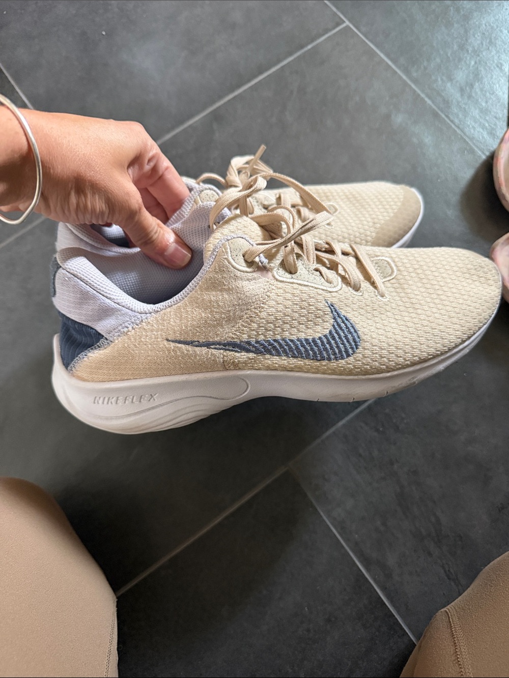 Nike Women’s Tan Mesh Running Sneakers with Blue Swoosh